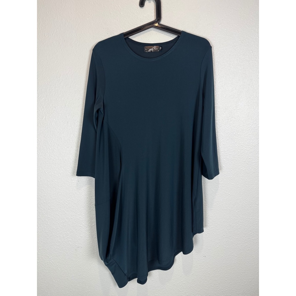 Sympli Tunic Top Womens 10 Teal Blue Asymmetrical Hem 3/4 Sleeve Lagenlook Drape